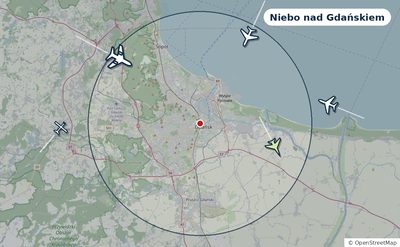 Mapa okolic miasta z sylwetkami samolotów — Niebo nad Gdańskiem na żywo