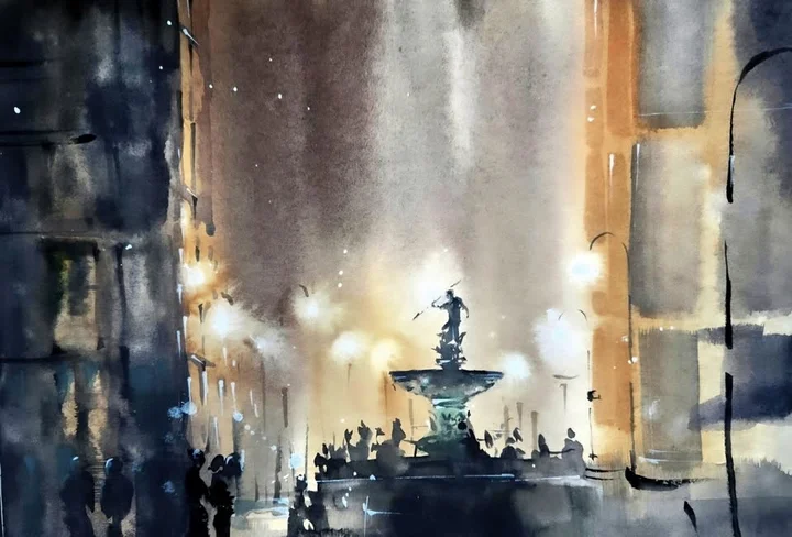 Grafika promocyjna wydarzenia Akwarelowy Gdańsk nocą — warsztaty malarskie