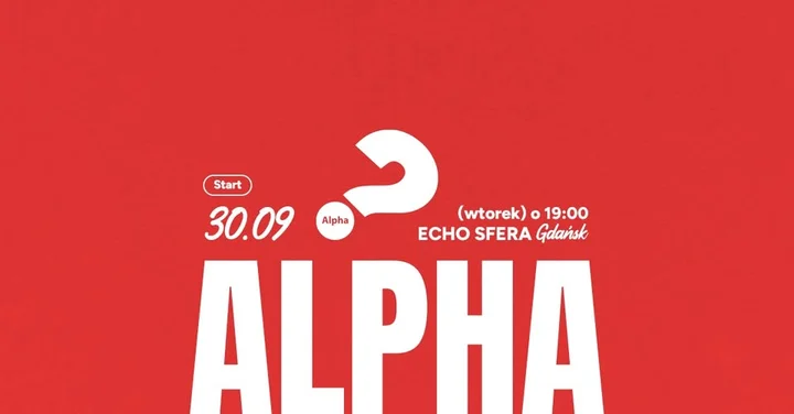 Obrazek przedstawia grafikę promocyjną wydarzenia Spotkania Alpha w Gdańsku — cykl rozmów o życiu i wierze