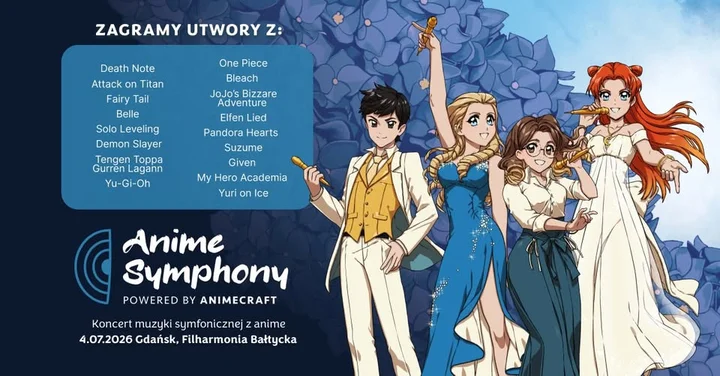 Grafika promocyjna wydarzenia Anime Symphony Gdańsk — symfoniczne aranżacje muzyki z anime w Filharmonii Bałtyckiej
