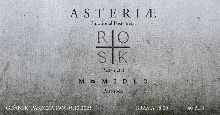 Obrazek przedstawia grafikę promocyjną wydarzenia Koncert: Asteriæ, ROSK i Mamidło w Gdańsku — 5 grudnia 2025