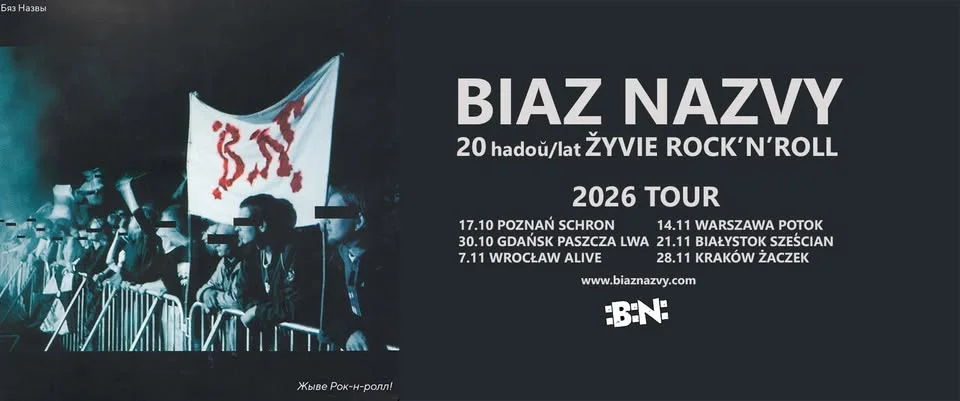 Grafika promocyjna wydarzenia BIAZ NAZVY – Żyvie Rock’n’roll 2026 Tour Gdańsk