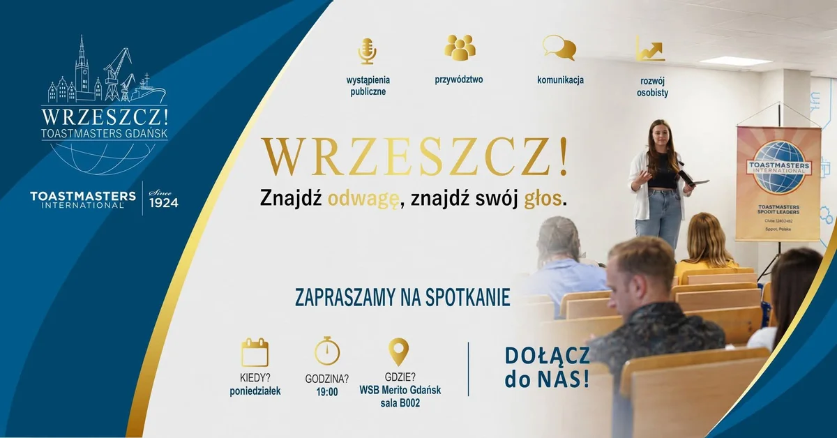 Grafika promocyjna wydarzenia WRZESZCZ! Toastmasters Gdańsk: rozwój wystąpień