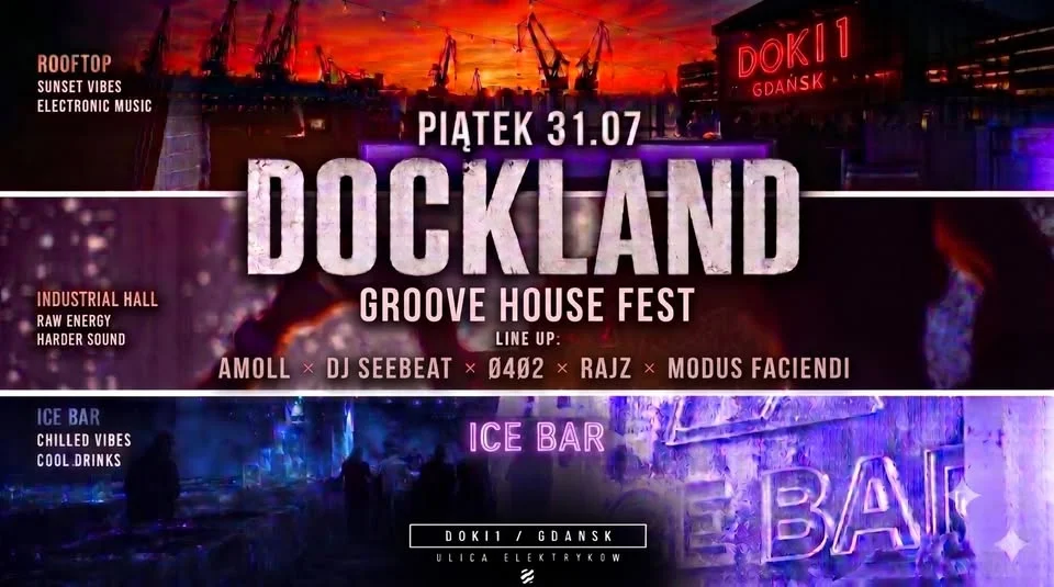 Grafika promocyjna wydarzenia DOCKLAND | Grove House Fest | DOKI1 Gdańsk – house w stoczni