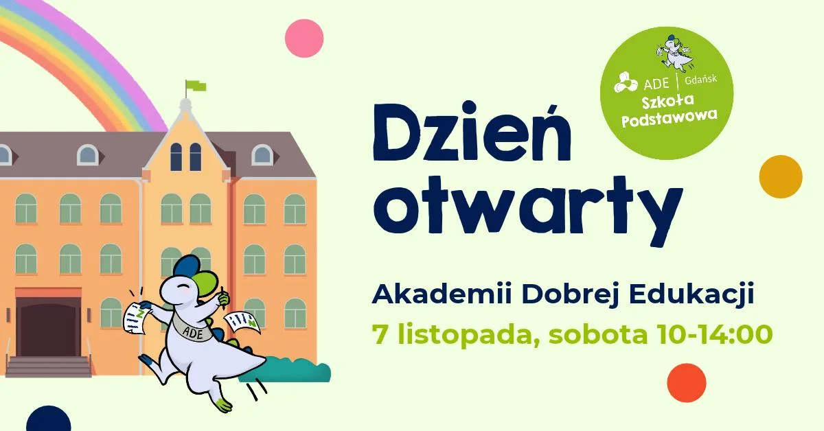 Grafika promocyjna wydarzenia Dzień otwarty Szkoły Podstawowej ADE Gdańsk – poznaj szkołę
