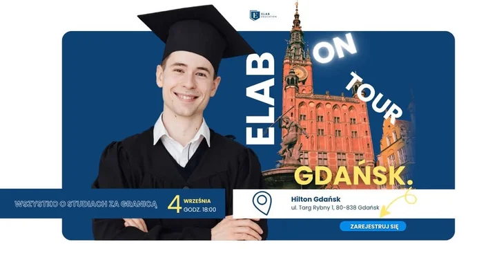 Obrazek przedstawia grafikę promocyjną wydarzenia Spotkanie informacyjne o studiach za granicą w Gdańsku