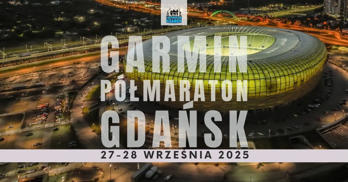 Grafika promocyjna wydarzenia Garmin Półmaraton Gdańsk 2025 – informacje o biegu i atrakcjach