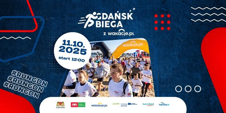 Obrazek przedstawia grafikę promocyjną wydarzenia Rodzinny bieg na plaży w Brzeźnie — 3 km i 6 km