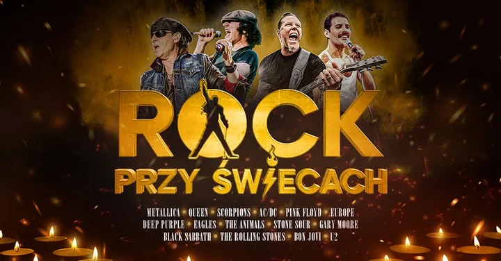 Obrazek przedstawia grafikę promocyjną wydarzenia Rockowe klasyki w kameralnej aranżacji — koncert „przy świecach” w Gdańsku