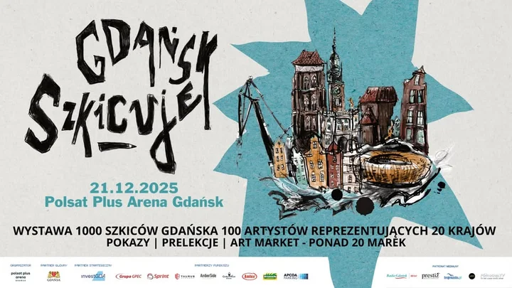 Grafika promocyjna wydarzenia Gdańsk Szkicuje! — międzynarodowa wystawa urban sketchingu na stadionie