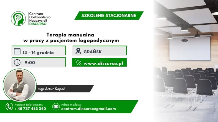 Obrazek przedstawia grafikę promocyjną wydarzenia Terapia manualna wspomagająca terapię logopedyczną w Gdańsku