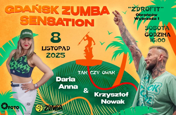 Obrazek przedstawia grafikę promocyjną wydarzenia Intensywne warsztaty Zumba w Gdańsku z Krzysztofem Nowakiem i Darią Anną