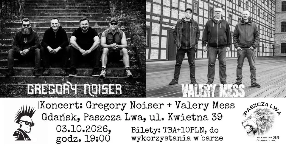 Grafika promocyjna wydarzenia Gregory Noiser + Valery Mess + TBA – koncert punk rockowy