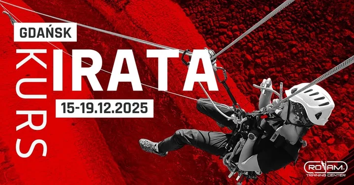 Grafika promocyjna wydarzenia IRATA / OTDL Gdańsk — szkolenie i egzamin na techników dostępu linowego
