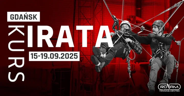 Obrazek przedstawia grafikę promocyjną wydarzenia Szkolenie i egzaminy IRATA/OTDL w Gdańsku — dostęp linowy, 15–19 września 2025