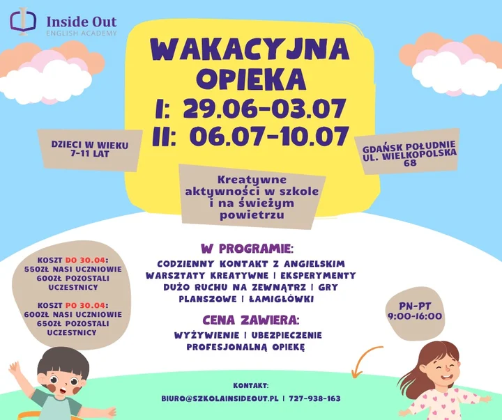 Grafika promocyjna wydarzenia Półkolonie letnie Gdańsk – wakacyjna propozycja dla dzieci w mieście