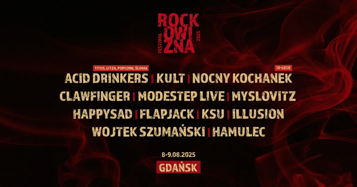 Grafika promocyjna wydarzenia Rockowy festiwal w Gdańsku z legendarnymi zespołami w sierpniu 2025