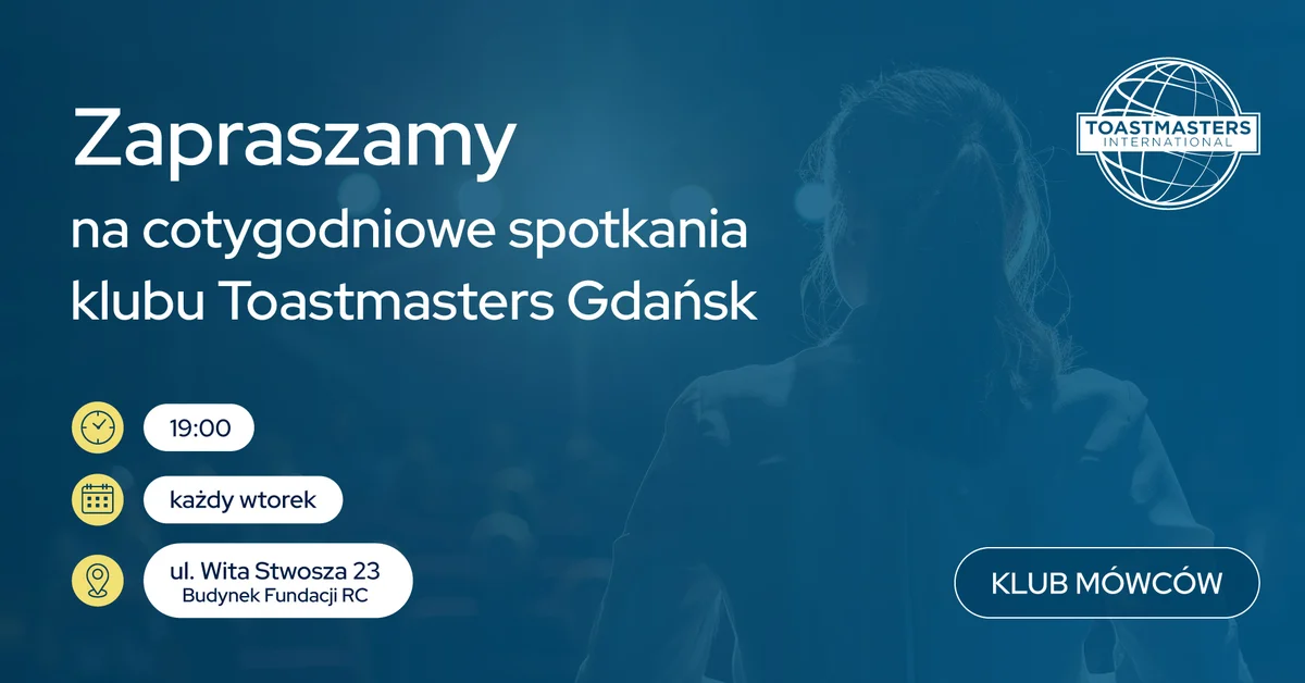 Grafika promocyjna wydarzenia Toastmasters Gdańsk: spotkanie i przemówienia