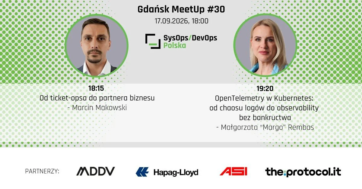 Grafika promocyjna wydarzenia SysOps/DevOps Gdańsk MeetUp #30: program i miejsce