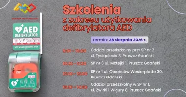 Grafika promocyjna wydarzenia Bezpłatne szkolenia z pierwszej pomocy i obsługi defibrylatora AED