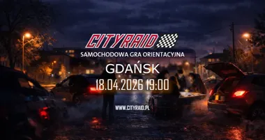 Grafika promocyjna wydarzenia CITYRAID Gdańsk: samochodowa gra orientacyjna z nagrodami