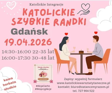 Grafika promocyjna wydarzenia Katolickie Randki — szybkie randki dla wierzących w Gdańsku (19 kwietnia 2026)