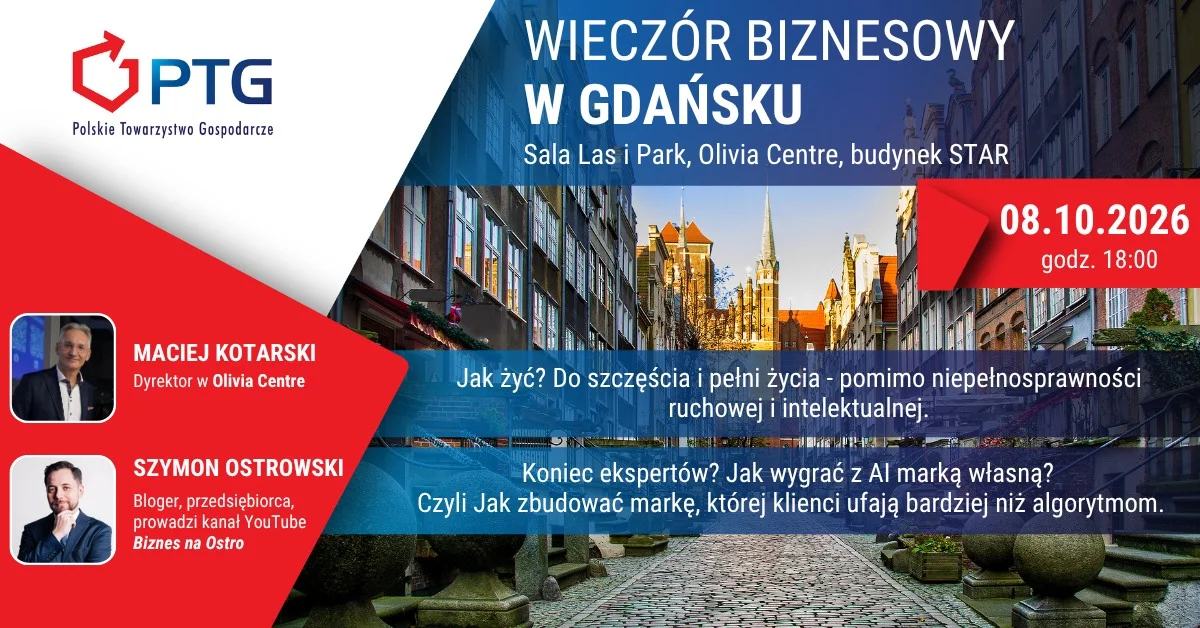 Grafika promocyjna wydarzenia Wieczór Biznesowy PTG Gdańsk: prelekcje i networking