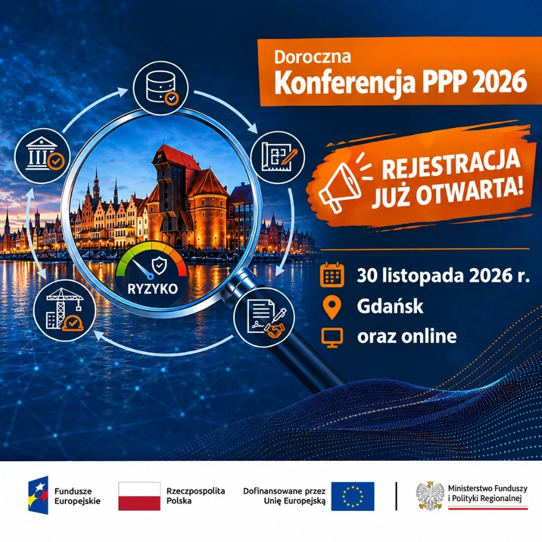 Plakat promujący Doroczną Konferencję PPP 2026, zaplanowaną na 30 listopada 2026 roku w Gdańsku i online, z motywem nabrzeża z Żurawiem oraz ikonami dotyczącymi