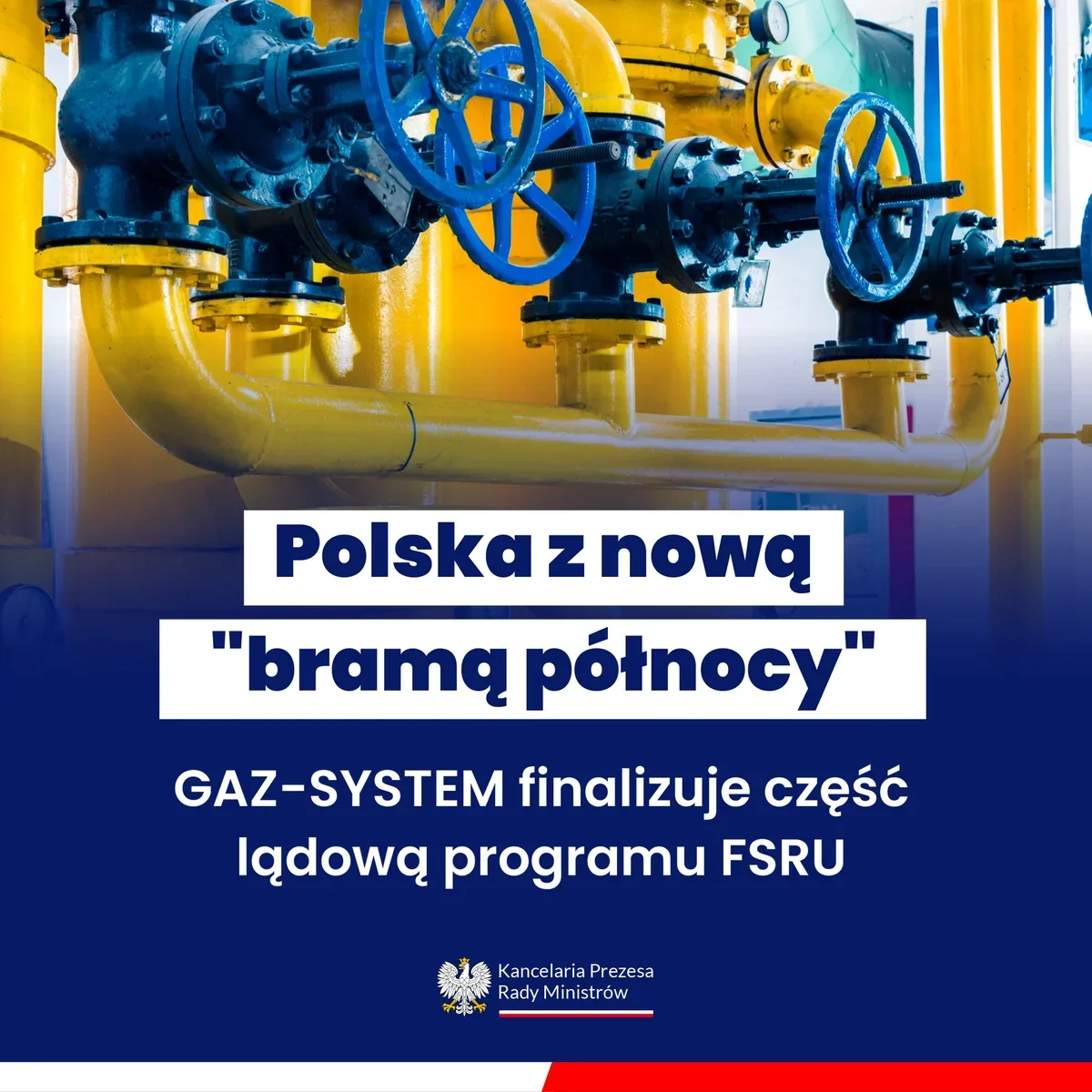 Fragment instalacji gazowej z żółtymi rurami i niebieskimi zaworami, ilustrujący informację o finalizowaniu przez GAZ-SYSTEM lądowej części programu FSRU.