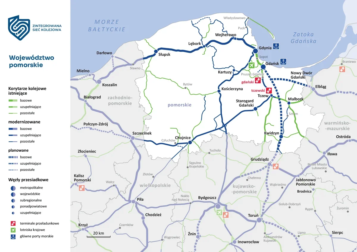 Mapa województwa pomorskiego przedstawiająca istniejące, modernizowane i planowane korytarze kolejowe oraz węzły przesiadkowe w ramach Zintegrowanej Sieci Kolej