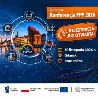 Plakat promujący Doroczną Konferencję PPP 2026, zaplanowaną na 30 listopada 2026 roku w Gdańsku i online, z motywem nabrzeża z Żurawiem oraz ikonami dotyczącymi