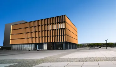 Nowoczesny budynek o elewacji z brązowych pionowych lameli stoi na szerokim brukowanym placu pod bezchmurnym niebem.